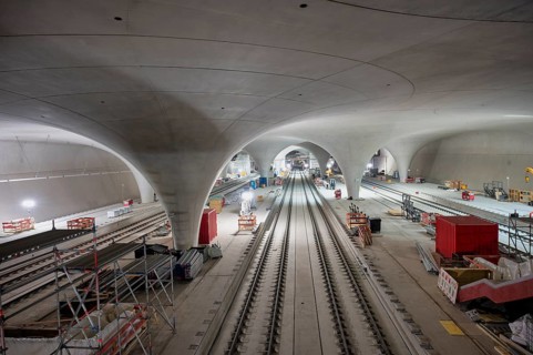View of the tracks, track bed on concrete, platform 2, chalice supports in the cathedral,
