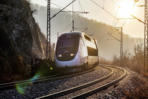 Geislinger Steige, railway line of the Filstallinie railway at dawn. Alb ascent to the Swabian Alb.