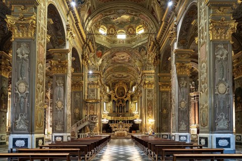 Interior of the Basilica of San Biagio in Finalborgo, Finale Ligure, Riviera di Ponente, Liguria,