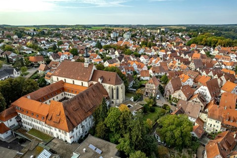 Town view of Bad Wimpfen and the Dominican Church seen from the air, Kraichgau, Baden-Württemberg,