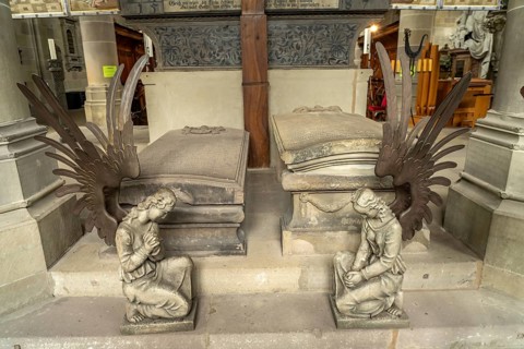 Angels and gravestones in the Protestant parish church of St Michael, Schwäbisch Hall,