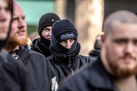 The neo-Nazi group Jung und Stark, JS, demonstrates in the city centre of Essen, demanding the
