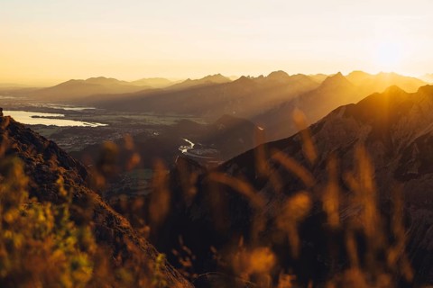 View from the Aggenstein and the foothills of the Alps in Ostallgäu and the Ammergebirge at