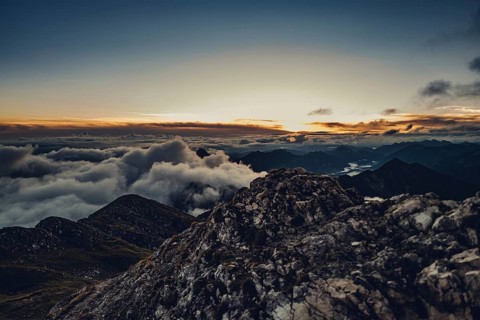 Sunrise hike on the Hochplatte in the Ammergau Alps, Ammergebirge in the Allgäu, Bavaria, Germany,