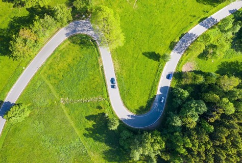 Aerial view of the winding serpentine road between Reifland and Rauenstein, Pockau-Lengefeld,