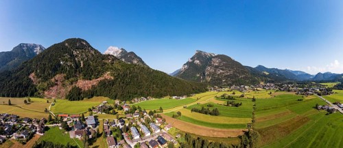 Drone image, view of Sankt Martin bei Lofer and Lofer, Loferer Steinberge, Saalachtal, Pinzgau,