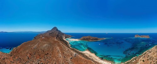 Drone shot, Gramvousa peninsula with view to the beach and bay of Balos, Kolimbari, West Crete,