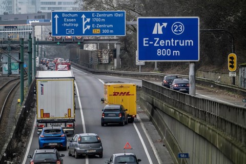 Traffic jam on the A40 motorway due to a rear-end collision in the right-hand lane, looking east,