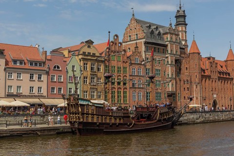 Mottlau pier in Gdansk with the Galeon Lew, a replica of an historic corsair