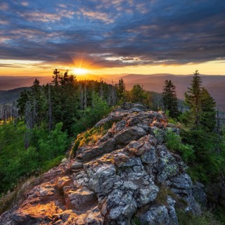 View from the summit of the Großer Rachel, sunset, Bavarian Forest National Park, Bavaria, Germany,