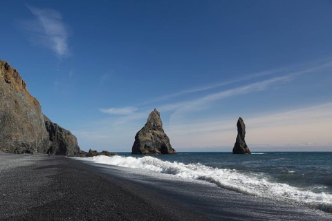 Rocks and cliffs at the black beach of Vík í Mýrdal, South Iceland