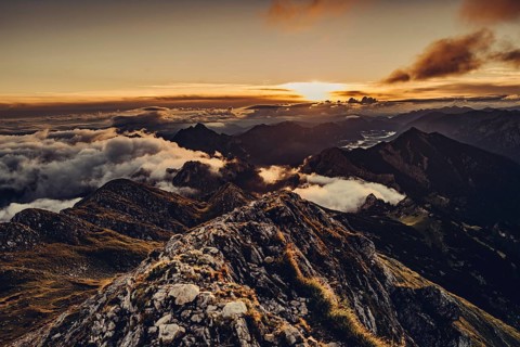 Sunrise hike on the Hochplatte in the Ammergau Alps, Ammergebirge in the Allgäu, Bavaria, Germany,
