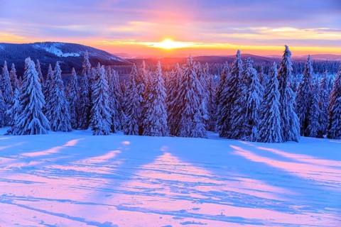 Sunset and winter landscape at the Wossecker Baude above Harrachsdorf in the Giant Mountains, Czech