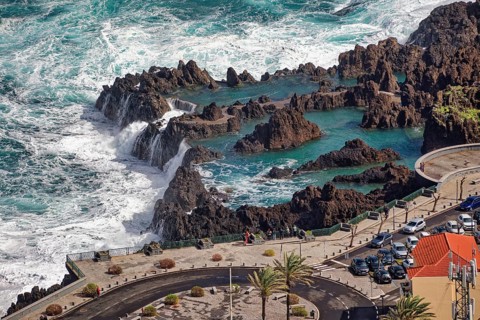 Natural swimming pools in volcanic rock, lava pools, natural swimming pools, view from the