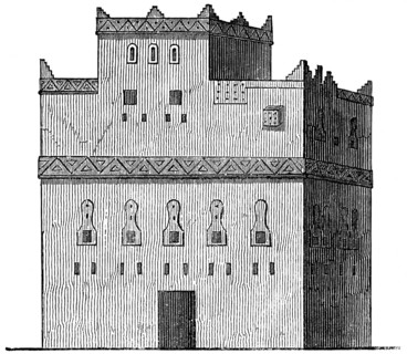 Oriental mud house with two storeys and roof terrace, small windows to the outside, bands with
