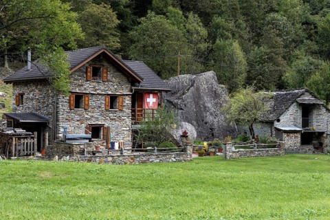 Typical Ticino stone houses in the village of Sonogno, Verzasca Valley, Valle Verzasca, Canton