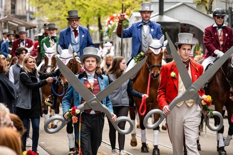 Parade of historically costumed guildsmen, Sechseläuten or Sächsilüüte, Zurich Spring Festival,