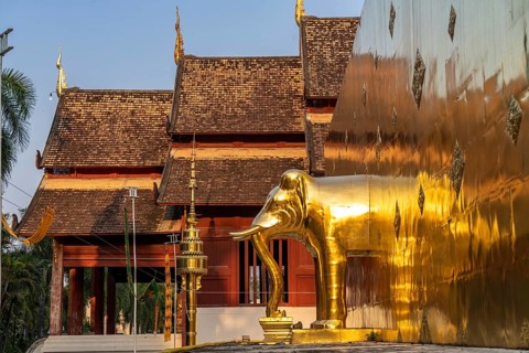 Elephant at the foot of the Golden Chedi Phrathatluang in the temple Wat Phra Singh, Chiang Mai,