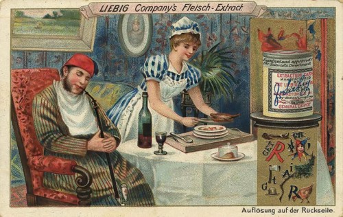 Picture series Picture puzzle, Woman sets the table, Liebig picture, digitally restored