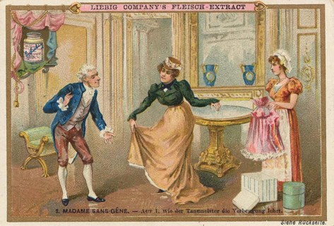 Picture series Madame Sans-Gene, Act 1, how the dancing master teaches the bow, Liebig picture,