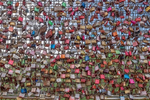Lattice with love locks, at the Pilsum lighthouse, Pilsum, Krummhörn, Lower Saxony, Germany, Europe