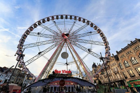 Ferris wheel The View, dusk, historic city centre, Antwerp, Flanders, Belgium, Europe