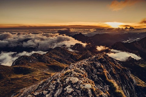 Sunrise hike on the Hochplatte in the Ammergau Alps, Ammergebirge in the Allgäu, Bavaria, Germany,