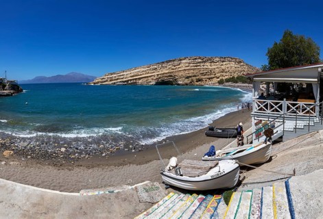 Fishing boats on the beach of Matala, south coast, Crete, Greece, Europe