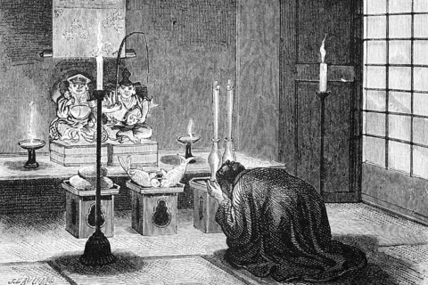 Butsudan or shrine, home altar of a Japanese family, praying, kneeling down, Buddhism, religion,