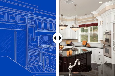 Before and after slider comparing blueprint sketch drawing plans and completed custom kitchen