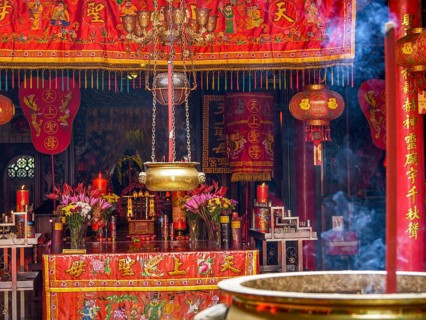 Chinese temple, smoke and brass bowl, Ban Hin Kiong Temple, Manado, Sulawesi