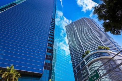 Miami downtown financial skyline and business shopping center near Biscayne bay and South beach .