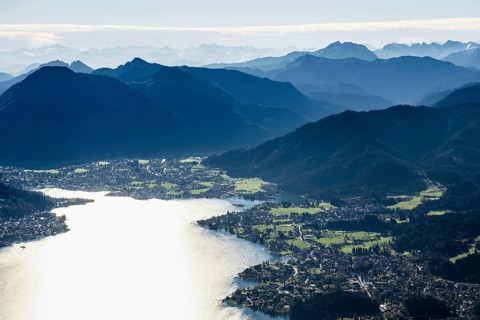 Aerial view, bird's eye view, Tegernsee and Alps, Upper Bavaria, Bavaria, Germany, Europe
