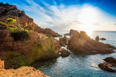 Red rocks and sea, Spiaggia Su Sirboni, sunrise, near Tertenia, Province of Ogliastra, Sardinia,
