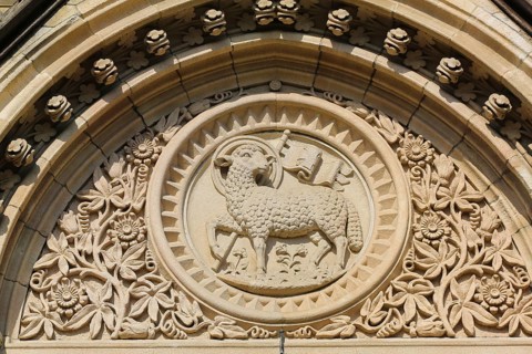 Cemetery Unter den Linden, detail, relief, stone lamb, neo-Gothic St Catherine's Church, church,