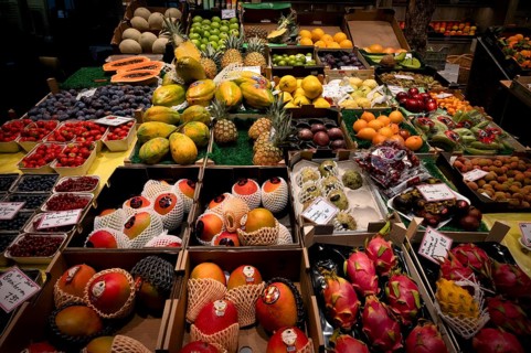Interior view market hall, fruit stall, fruit, tropical fruit, pitahaya, food market, food, stall,