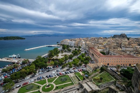 Corfu Town, Corfu, Greece, City overview Corfu Town with the Old Harbour, the Greek Orthodox Church