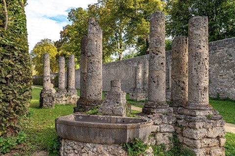 Columns of the former cascade, Veitshöchheim Palace and Rococo Court Garden, Lower Franconia,