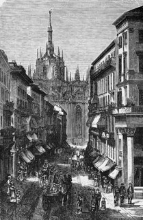 Shopping street with cathedral in Milan, trade, crowd, sun protection, carriage, geography, Italy,