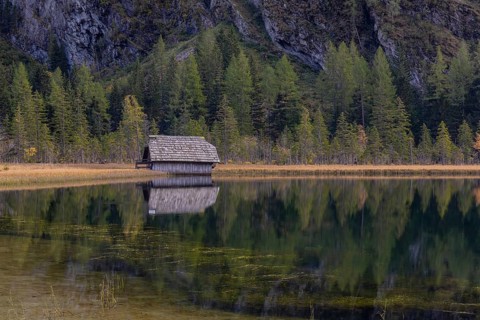 Boatshelter at Lake Stappitz in first morning light, Seebach valley, Mallnitz, Carinthia, Austria,
