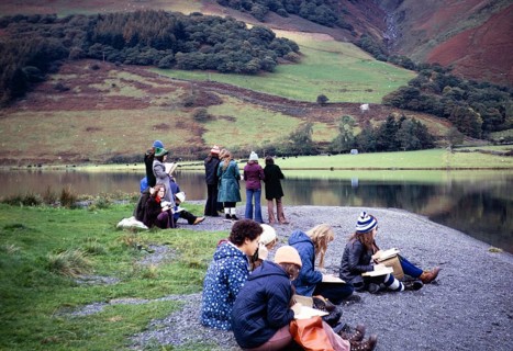 Secondary school girls doing geographical fieldwork, United Kingdom 1970s Girls sitting on the
