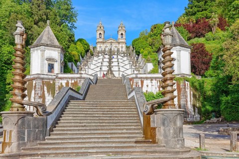 Monumental baroque stairway leading Bom Jesus do Monte church, Braga, Minho Province, Portugal,