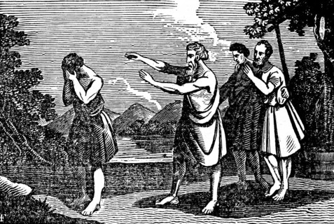Noah rejects his son Ham, whose brothers Shem and Japheth stand behind Noah, grief, anger, mountain