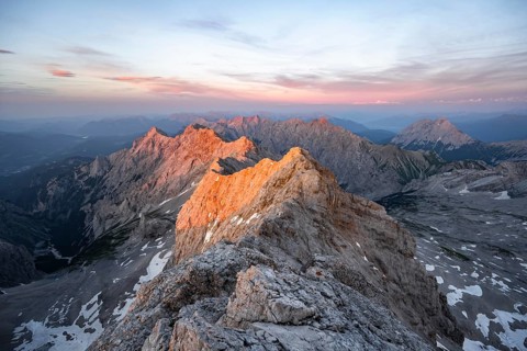 Impressive rocky mountain landscape, steep mountain ridge, Jubiläumsgrat with Alpspitze, mountain