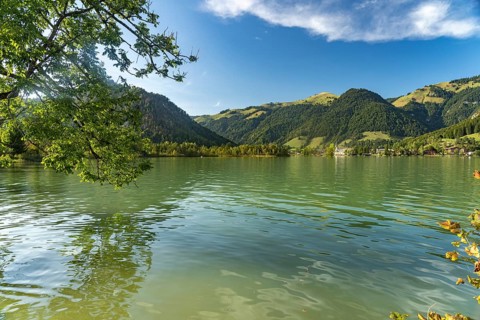 Lake and town Walchsee, Tyrol, Austria, Europe