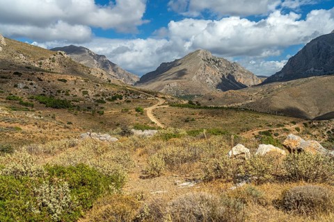 Hiking trail in the landscape of the south-west coast near Preveli, Crete, Greece, Europe