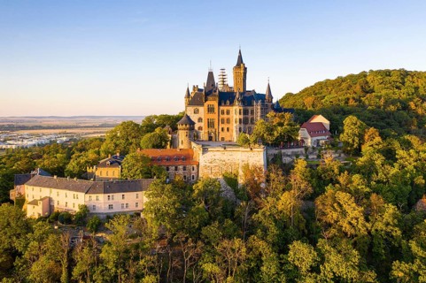 Castle on the Schlossberg in the evening light, aerial view, Wernigerode, Saxony, Germany, Europe