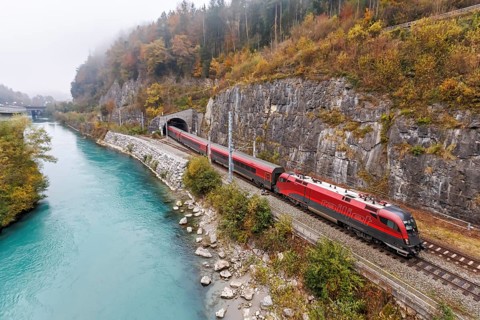 Railjet railway passenger train of the Austrian Federal Railways ÖBB on the Arlbergbahn in autumn