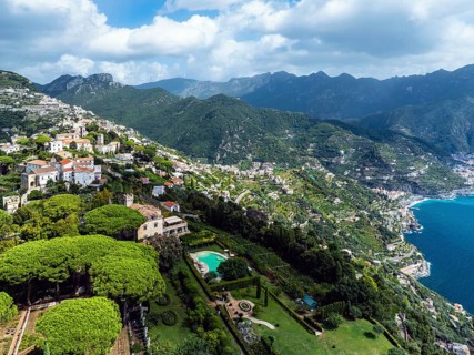 View of Ravello from a drone, Amalfi Coast, Tyrrhenian Sea, Salerno, Campania, Italy, Europe