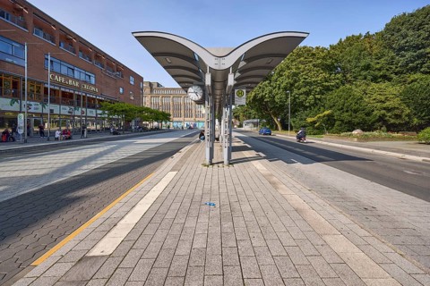 Central bus station ZOB with covered bus platforms 2 and 3, central station, café and bar Celona,